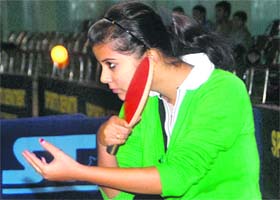 A player in action during a table tennis match in Chandigarh