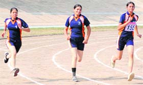 Girls in action during the Athletics Meet of Punjabi University in Patiala