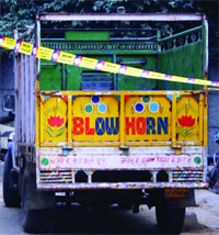 The truck in which the crime took place at the Saket police station in New Delhi 