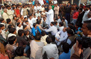 Residents block traffic to protest against alleged police inaction in a murder case in Faridabad. 