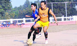 A match in the Sub-Junior Mir Iqbal Hussain Inter-School Coca Cola Football Championship being played at the Ambedkar Stadium in Dehradun on Thursday.