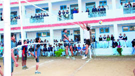 A match of the Inter-College Volleyball Competition under way at Dolphin Institute in Dehradun on Thursday.