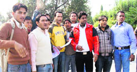ABVP workers hold a demonstration in front of the state Assembly in Dehradun on Thursday.