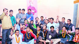 DAV PG College students sit on a dharna in Dehradun on Thursday.