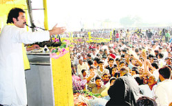 Haryana Janhit Congress chief Kuldeep Bishnoi addresses a rally in Jind