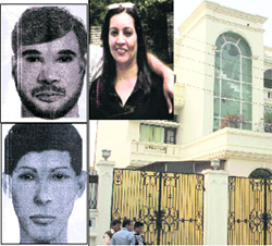 The residence of Nargis Juneja (inset), who was killed at her home in Gurgaon on Wednesday; and (left) sketches of the murder accused.