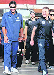 Cricketers Yuvraj Singh, Daniel Vettori and Brendon McCullum arrive in Vadodara for the 3rd ODI on Thursday.