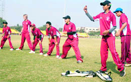 The under-16 players of OBI Sports Academy, Kenya, practise at Tau Devi Lal Cricket Stadium in Sector 3, Panchkula, on Friday