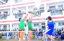 A match in the Inter-College Volleyball Tournament being played at the Dolphin Institute in Dehradun on Friday.