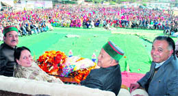 PCC chief Kaul Singh, AICC general secretary Mohsina Kidwai, Union Steel Minister Virbhadra Singh and MLA G.S. Bali at a rally in Nagrota on Friday
