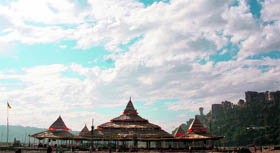 A view of clouds hovering over Yagyashala hut near the Tawi river at Jammu.