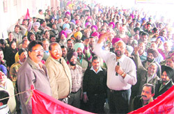 Daljit Singh, divisional secretary, Northern Railwaymens Union, addressing protesting employees in Ludhiana 