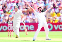 England paceman James Anderson (R) appeals for an LBW decision against Shane Watson (L) on the first day of the second Test, in Adelaide on Friday.