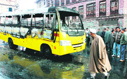 A school bus of Tibetan Public School was set ablaze by protesters in Srinagar on Saturday during the bandh called by the Hurriyat Conference