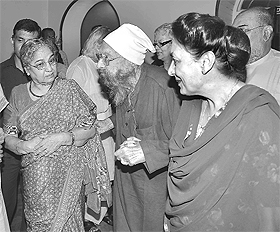 Khushwant Singh with (left) Prime Ministers wife Gursharan Kaur