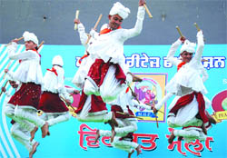 Artistes from Gujarat perform on the concluding day of the Virasat Mela at the Sports Stadium in Bathinda on Sunday. 