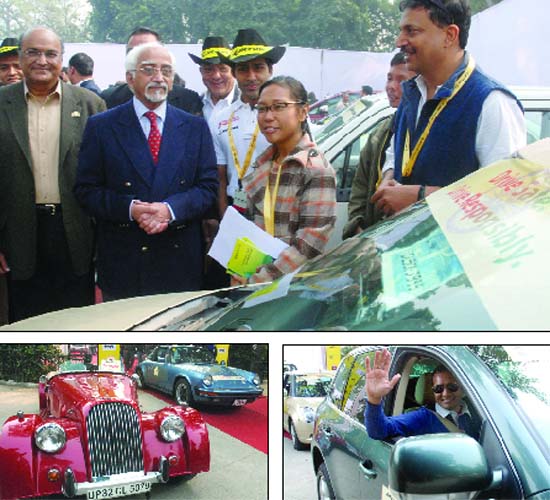 (Clockwise) Vice-President Hamid Ansari with Union MoS for Rural Development Agatha Sangma, Formula One driver Karun Chandhok and others at the MP-Journalist car rally in New Delhi on Sunday. MP Navin Jindal and some of the cars at the rally.