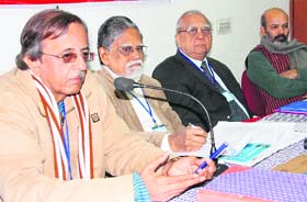 Members of the Pakistan-India Peoples Forum for Peace and Democracy speak at the two-day national convention in Jammu on Sunday.