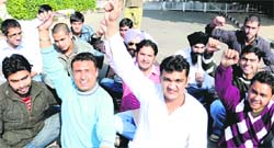 INSO activists protest outside the Panjab University Vice-Chancellors office in Chandigarh on Monday.