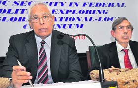 J&K Governor NN Vohra and ex-Governor Ved Marwah at a seminar in New Delhi