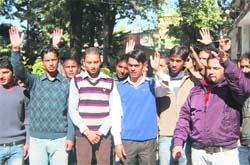 DAV College students protest against a private marine college in Dehradun on Tuesday. 