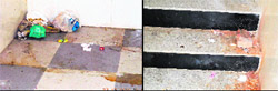 Garbage dumped at a corner of the emergency ward; and (right) filthy stairs at the block