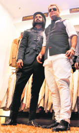 Models Jas Arora (right) and Amit Ranjan (left) at a mall in Ludhiana on Tuesday.