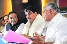 BJP chief Nitin Gadkari and Karnataka CM BS Yeddyurappa in Bangalore.
