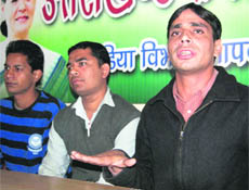 Sandeep Kumar, state president, NSUI, addresses a press conference in Dehradun on Wednesday. 