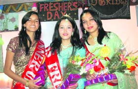 Noru Palzom (center), who was declared Miss Fresher of Shivalik Institute of Nursing in Shimla
