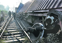 Six wagons of a goods train lie derailed on the second track at the Dhandari railway station. Tribune Photos: Himanshu Mahajan