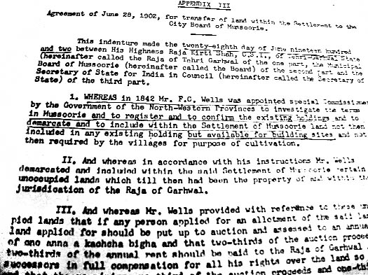 A copy of the sale deed executed between Raja of Tehri Garhwal and the Mussoorie Municipal Board in 1902.