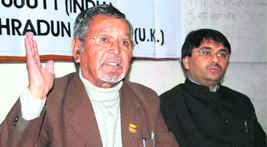SS Pangtey of the World Human Rights Protection Council addresses a press conference in Dehradun on Thursday.