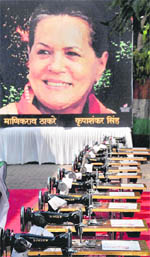 Sewing machines on display at the Mumbai Congress party office before being distributed to needy women on Thursday