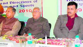 (From left) Mahavir Aggarwal, Swatantra Kumar, Vice-Chancellor, Gurukul Kangri University, and DIG Alok Sharma at a conference in Haridwar on Friday.