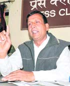 Dushyant Kumar Dhiman addresses a press conference in Haridwar on Friday.