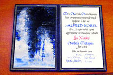 The Nobel diploma awarded in absentia to the Nobel Peace Prize laureate for 2010, jailed Chinese dissident Liu Xiabo.
