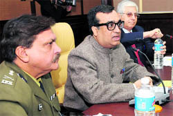Ajay Maken, Minister of State for Home Affairs, along with DGP Haryana RS Dalal at a conference in Madhuban in Karnal on Saturday