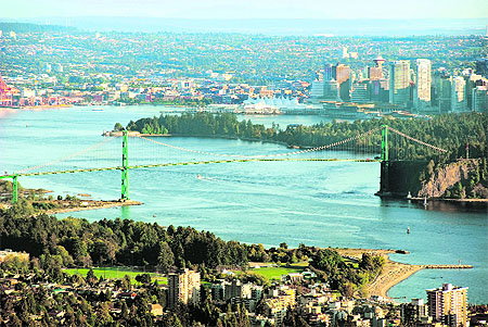 A view of Stanley Park and Lions Gate Bridge 