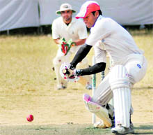 A batsman in action at the Beehive Challengers Trophy Inter-District T20 Cricket Tournament in Dehradun on Sunday