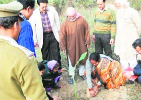 Women plant a banana sapling at Shuklapur village near Dehradun on Sunday. Eminent environmentalist Sunder Lal Bahuguna (right) looks on