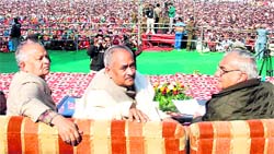 Chief Minister BS Hooda (extreme right) with party leaders at a rally in Hisar on Sunday.