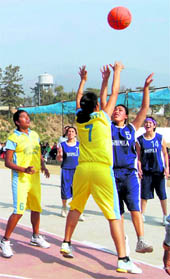 A state-level basketball match in progress at Dharamsala on Sunday