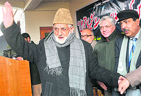 Chairman of the hardline faction of the Hurriyat Conference, Syed Ali Shah Geelani, meets delegates at a seminar organised by the Tehreek-i-Hurriyat in Srinagar on Sunday.