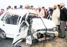The car that was involved in an accident near Jagraon on Sunday. 