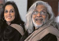 Muzaffar Ali (right), script-writer of Umrao Jaan, at the 38th international mushaira at Nehru Sidhant Kender in Ludhiana. 