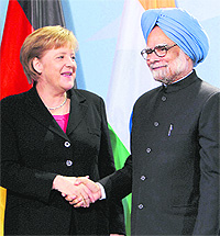 Prime Minister Manmohan Singh with German Chancellor Angela Merkel after a joint press conference in Berlin on Saturday.