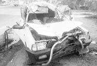The mangled remains of a Maruti car that met with an accident, killing both its occupants, at Kurali