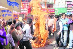 Shiv Sena workers burn an effigy of Afzal Guru in Dehradun on Monday.