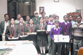 Team members of OSDAV School, Kaithal, and Government High School, Deoban, who won gold medals in the state-level Bal Vigyan Congress held in Hisar recently, with their teachers and Kaithal ADC BB Kaushik